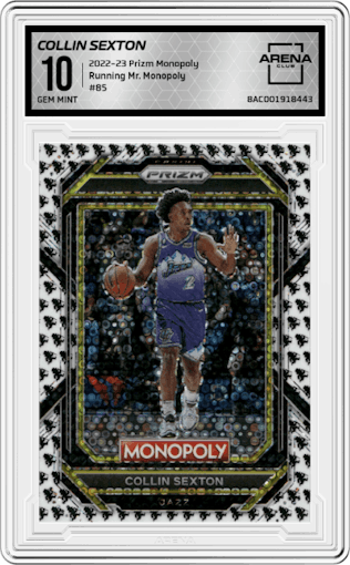 Collin Sexton from the 2022-23 Panini Prizm Monopoly set featuring a Running Mr. Monopoly parallel graded by Arena Club and given an overall grade of 10.