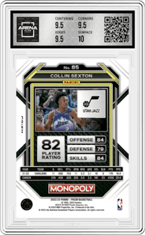 Collin Sexton from the 2022-23 Panini Prizm Monopoly set featuring a Black Classic Icons parallel graded by Arena Club and given an overall grade of 10.