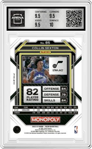 Collin Sexton from the 2022-23 Panini Prizm Monopoly set featuring a Black Classic Icons parallel graded by Arena Club and given an overall grade of 10.