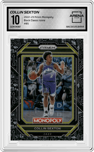 Collin Sexton from the 2022-23 Panini Prizm Monopoly set featuring a Black Classic Icons parallel graded by Arena Club and given an overall grade of 10.