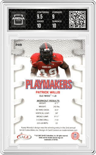 Patrick Willis from the 2007 Sage Hit set featuring a Blue parallel graded by Arena Club and given an overall grade of 9.5.