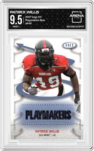 Patrick Willis from the 2007 Sage Hit set featuring a Blue parallel graded by Arena Club and given an overall grade of 9.5.