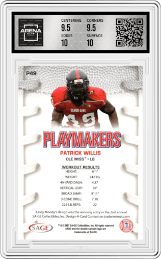 Patrick Willis from the 2007 Sage Hit set graded by Arena Club and given an overall grade of 10.