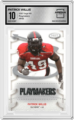 Patrick Willis from the 2007 Sage Hit set graded by Arena Club and given an overall grade of 10.