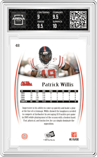 Patrick Willis from the 2007 Press Pass Legends set graded by Arena Club and given an overall grade of 9.5.