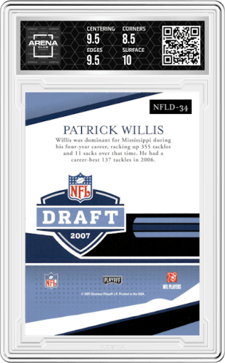 Patrick Willis from the 2007 Donruss Playoff Prestige set graded by Arena Club and given an overall grade of 9.