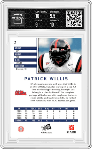 Patrick Willis from the 2007 Press Pass SE set graded by Arena Club and given an overall grade of 9.5.