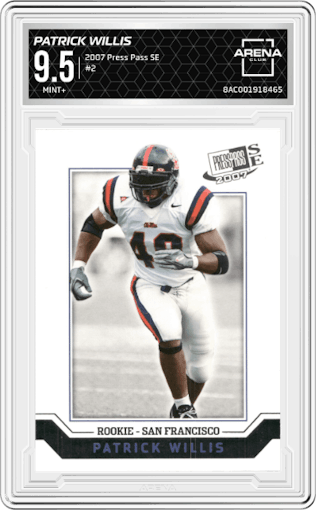 Patrick Willis from the 2007 Press Pass SE set graded by Arena Club and given an overall grade of 9.5.