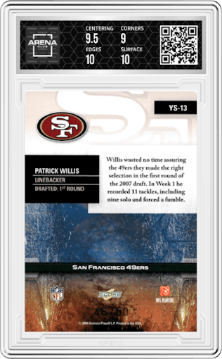 Patrick Willis from the 2008 Score Select set featuring a Gold Zone parallel graded by Arena Club and given an overall grade of 9.5.