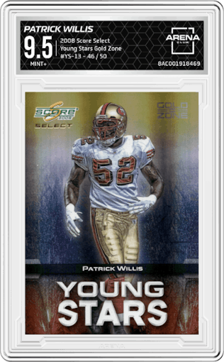 Patrick Willis from the 2008 Score Select set featuring a Gold Zone parallel graded by Arena Club and given an overall grade of 9.5.