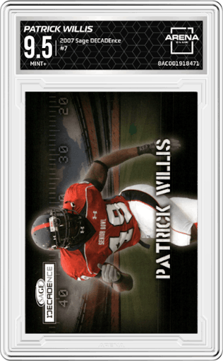 Patrick Willis from the 2007 Sage DECADEnce set graded by Arena Club and given an overall grade of 9.5.