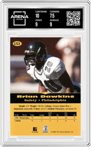 Brian Dawkins from the 1996-97 Score Board All Sport PPF set graded by Arena Club and given an overall grade of 8.
