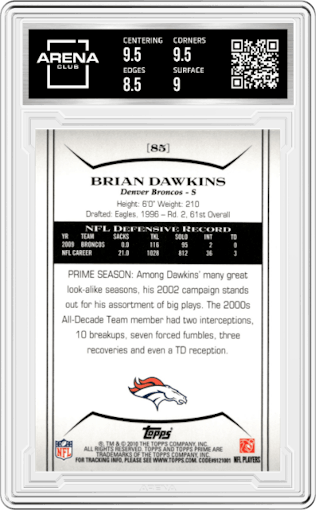 Brian Dawkins from the 2010 Topps Prime set featuring a Gold parallel graded by Arena Club and given an overall grade of 9.