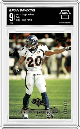 Brian Dawkins from the 2010 Topps Prime set featuring a Gold parallel graded by Arena Club and given an overall grade of 9.