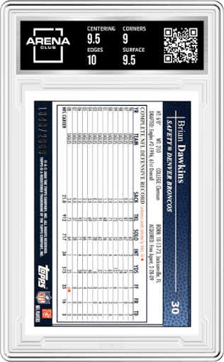 Brian Dawkins from the 2009 Topps set featuring a Gold parallel graded by Arena Club and given an overall grade of 9.5.