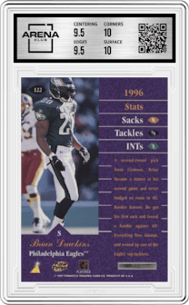Brian Dawkins from the 1997 Pinnacle Zenith set graded by Arena Club and given an overall grade of 10.