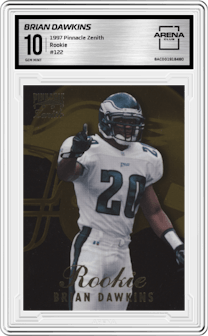 Brian Dawkins from the 1997 Pinnacle Zenith set graded by Arena Club and given an overall grade of 10.