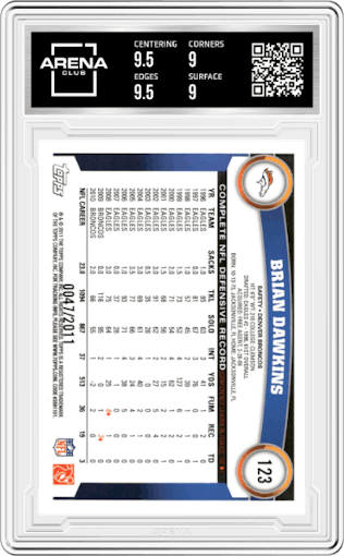 Brian Dawkins from the 2011 Topps set featuring a Gold parallel graded by Arena Club and given an overall grade of 9.5.