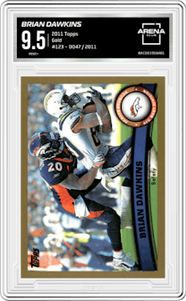 Brian Dawkins from the 2011 Topps set featuring a Gold parallel graded by Arena Club and given an overall grade of 9.5.