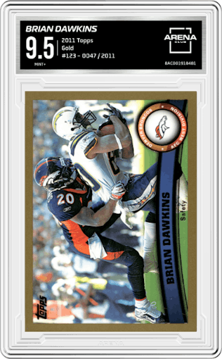 Brian Dawkins from the 2011 Topps set featuring a Gold parallel graded by Arena Club and given an overall grade of 9.5.