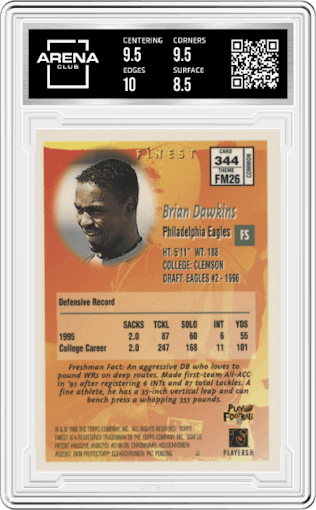 Brian Dawkins from the 1996 Topps Finest set featuring a W/ Coating parallel graded by Arena Club and given an overall grade of 9.