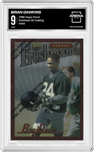Brian Dawkins from the 1996 Topps Finest set featuring a W/ Coating parallel graded by Arena Club and given an overall grade of 9.