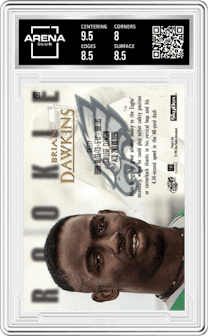 Brian Dawkins from the 1996 SkyBox Premium set graded by Arena Club and given an overall grade of 8.5.