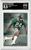 Brian Dawkins from the 1996 SkyBox Premium set graded by Arena Club and given an overall grade of 8.5.