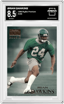 Brian Dawkins from the 1996 SkyBox Premium set graded by Arena Club and given an overall grade of 8.5.