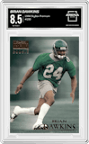 Brian Dawkins from the 1996 SkyBox Premium set graded by Arena Club and given an overall grade of 8.5.