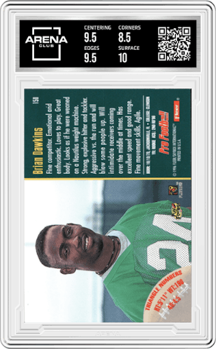 Brian Dawkins from the 1996 Fleer set graded by Arena Club and given an overall grade of 9.