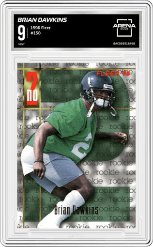 Brian Dawkins from the 1996 Fleer set graded by Arena Club and given an overall grade of 9.