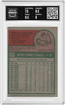 Willie Stargell from the 1975 Topps set graded by Arena Club and given an overall grade of 8.