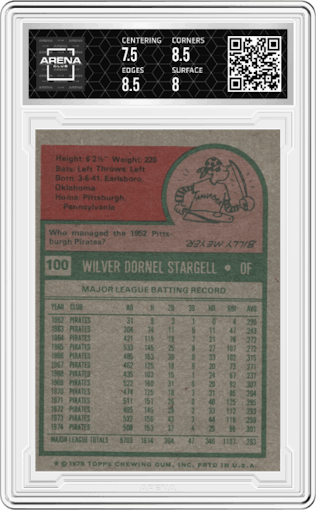 Willie Stargell from the 1975 Topps set graded by Arena Club and given an overall grade of 8.