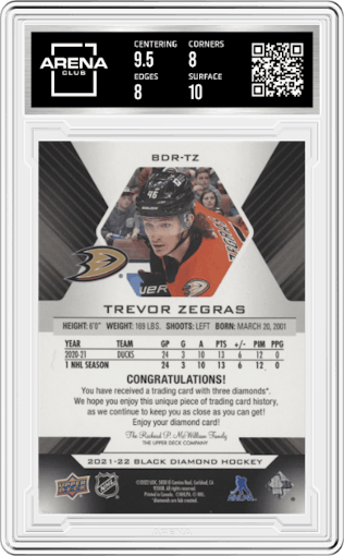 Trevor Zegras from the 2021-22 Upper Deck Black Diamond set graded by Arena Club and given an overall grade of 8.5.