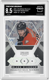 Trevor Zegras from the 2021-22 Upper Deck Black Diamond set graded by Arena Club and given an overall grade of 8.5.