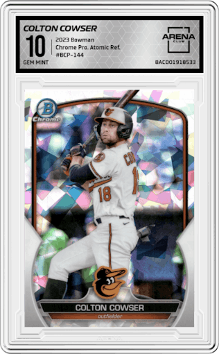 Colton Cowser from the 2023 Bowman  set featuring a Atomic Refractor parallel graded by Arena Club and given an overall grade of 10.