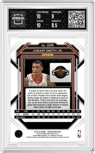 Jabari Smith Jr. from the 2022-23 Panini Prizm  set graded by Arena Club and given an overall grade of 9.