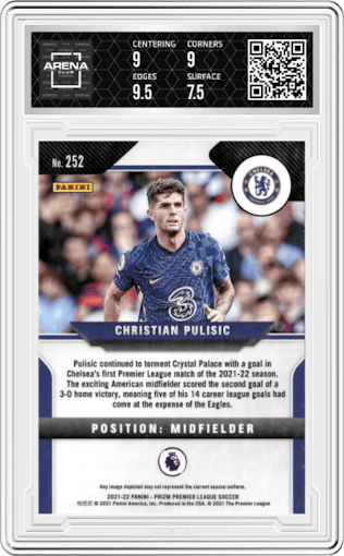 Christian Pulisic from the 2021-22 Panini Prizm Premier League set graded by Arena Club and given an overall grade of 8.