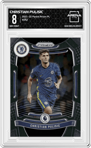 Christian Pulisic from the 2021-22 Panini Prizm Premier League set graded by Arena Club and given an overall grade of 8.