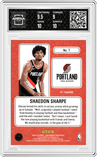 Shaedon Sharpe from the 2022-23 Panini Contenders set graded by Arena Club and given an overall grade of 9.5.