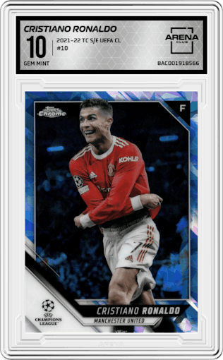 Cristiano Ronaldo from the 2021-22 Topps Chrome Sapphire Edition UEFA Champions League set graded by Arena Club and given an overall grade of 10.
