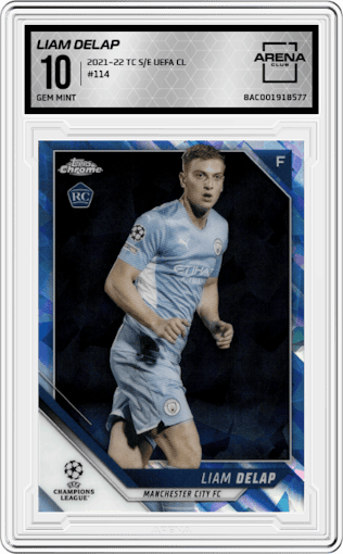 Liam Delap from the 2021-22 Topps Chrome Sapphire Edition UEFA Champions League set graded by Arena Club and given an overall grade of 10.