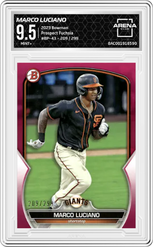Marco Luciano from the 2023 Bowman  set featuring a Fuchsia parallel graded by Arena Club and given an overall grade of 9.5.