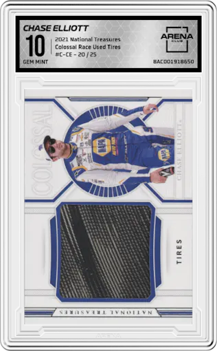 Chase Elliott from the 2021 National Treasures set graded by Arena Club and given an overall grade of 10.