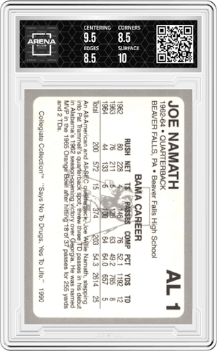 Joe Namath from the 1990 Collegiate Collection Say No to Drugs set graded by Arena Club and given an overall grade of 9.