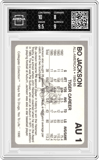 Bo Jackson from the 1990 Collegiate Collection Say No to Drugs set graded by Arena Club and given an overall grade of 8.5.