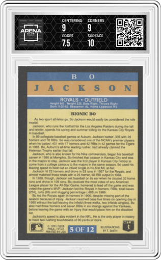 Bo Jackson from the 1991 Fleer set graded by Arena Club and given an overall grade of 8.