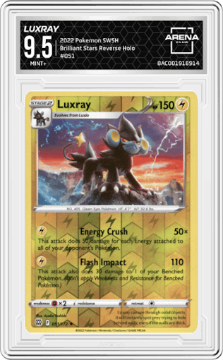 Luxray from the 2022 Pokemon SWSH set graded by Arena Club and given an overall grade of 9.5.