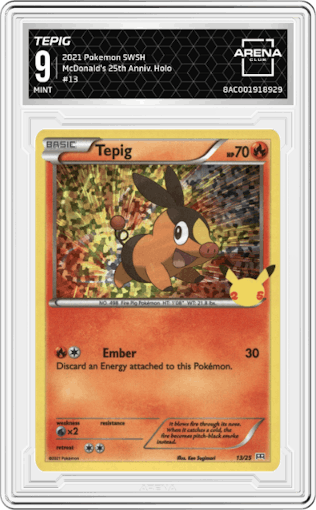 Tepig from the 2021 Pokemon SWSH set graded by Arena Club and given an overall grade of 9.